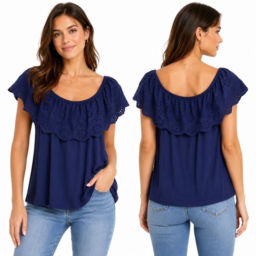 Maurices Women’s Off Shoulder Navy Blue Ruffle Lace Top Size M
